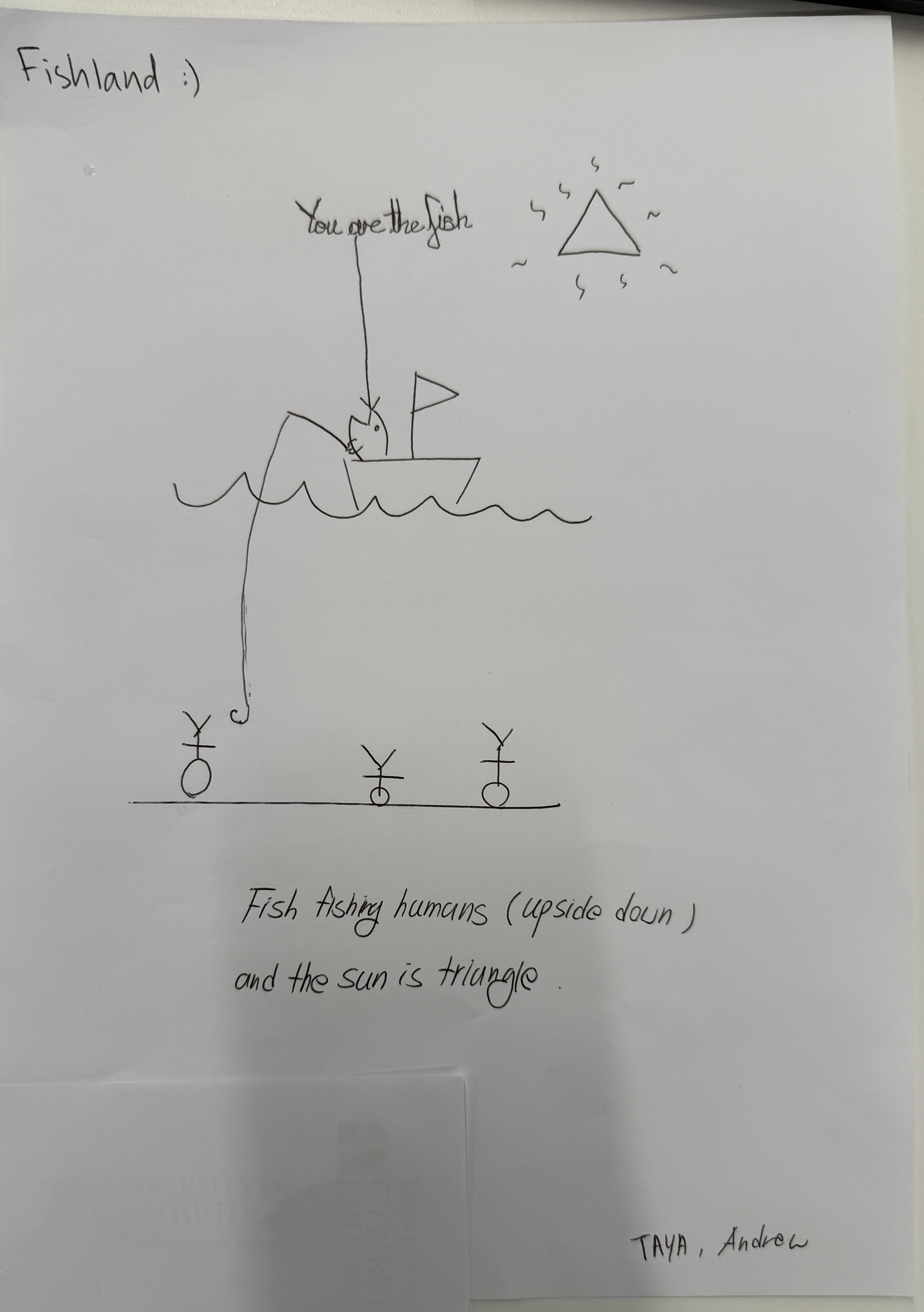 Original Fishland author drawing showing a fish on a boat fishing upside-down humans under a triangle sun