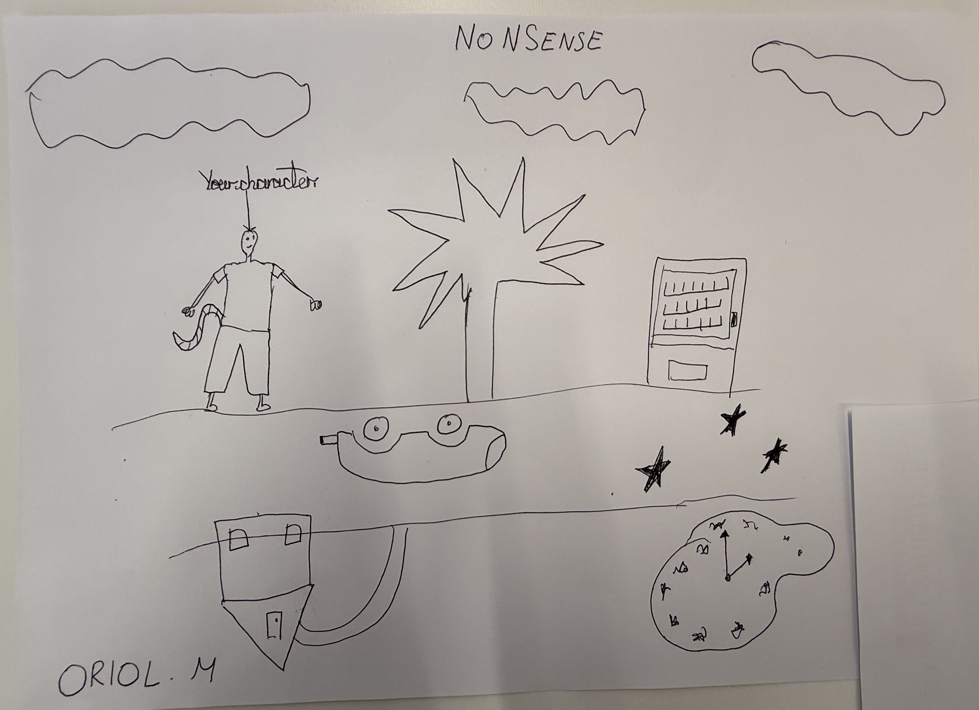 Original NoNSENSE author drawing showing a character, burst tree, vending machine, upside-down car, stars, and a melting clock