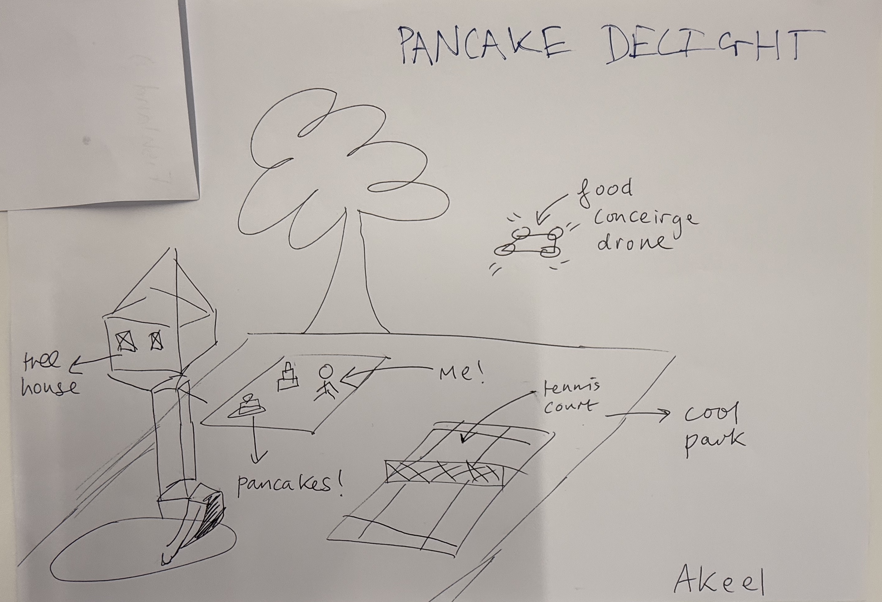 Original Pancake Delight author drawing showing a treehouse, giant tree, food concierge drone, pancakes, tennis court, and cool park