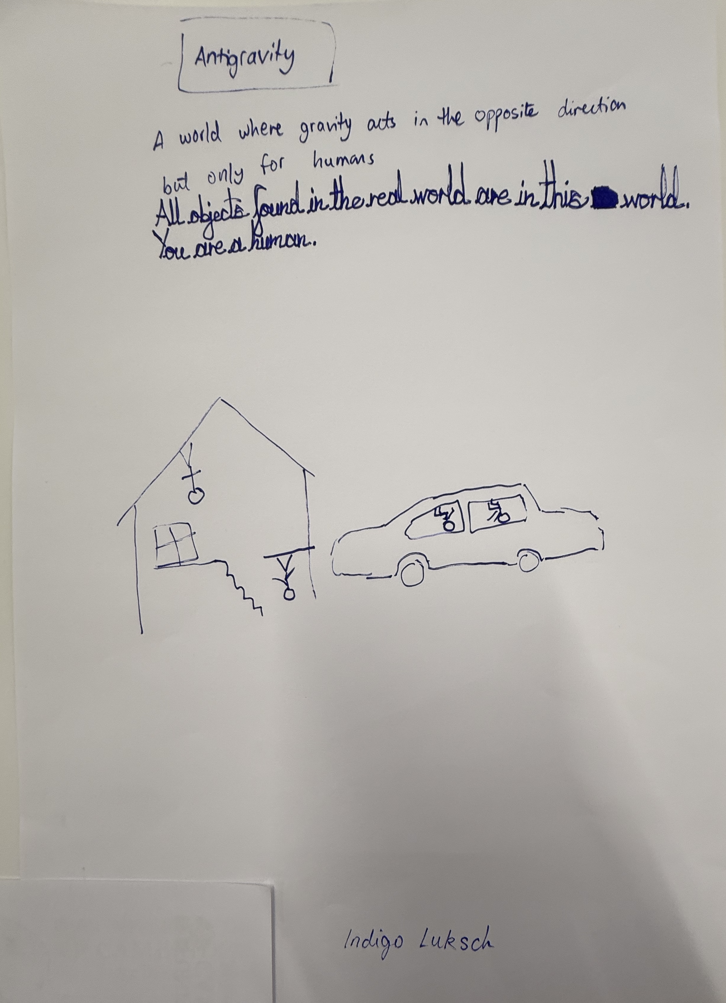 Original Antigravity Avenue author drawing showing a handwritten title, a house, a car, and upside-down humans